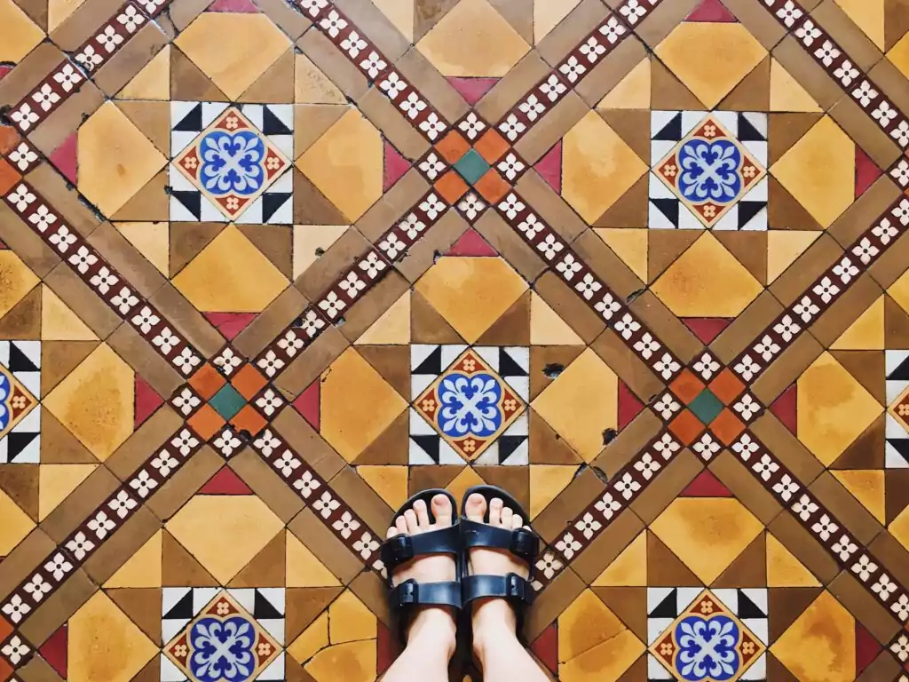 top view selfie of feet in sandals shoes on vintag 2022 11 01 04 12 37 utc 1 1