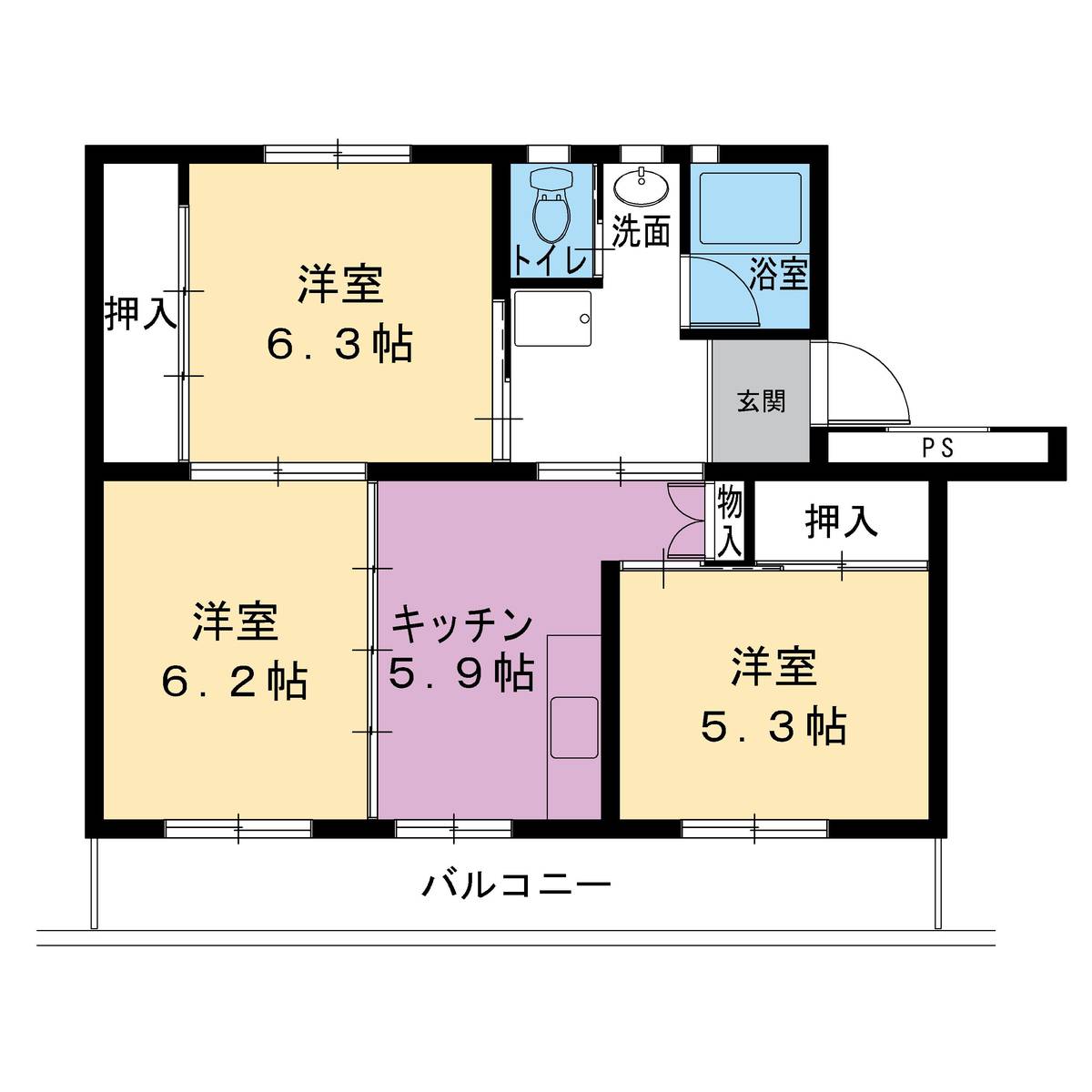 袋井市ビレッジハウス国本の間取り図3DK