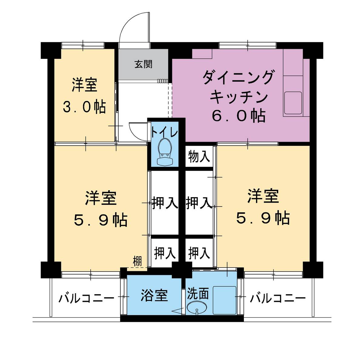 3DK denah lantai Village House Kuraji di Katano-shi