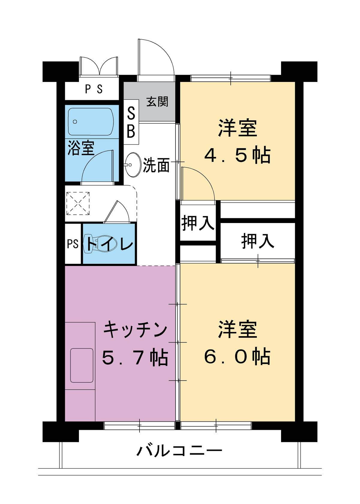 2DK denah lantai Village House Minami Shimizu Tower di Amagasaki-shi
