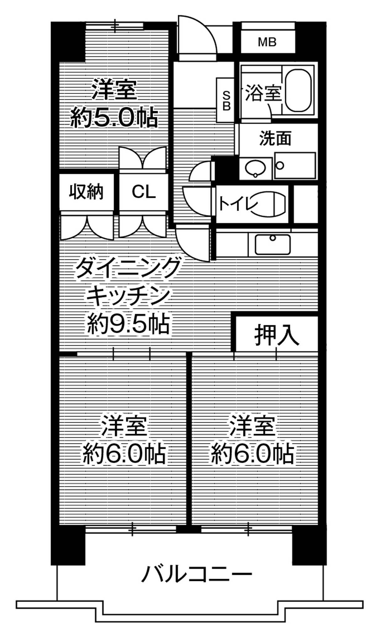 Sơ đồ phòng 3DK của Village House Takamigaoka Tower ở Higashihiroshima-shi