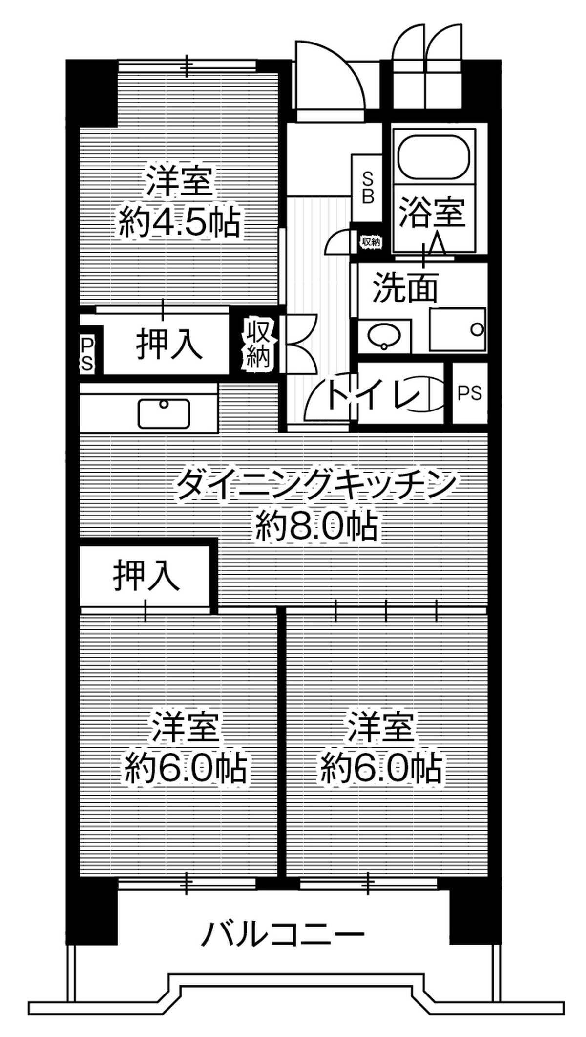 Sơ đồ phòng 3DK của Village House Kasadera Tower ở Minami-ku