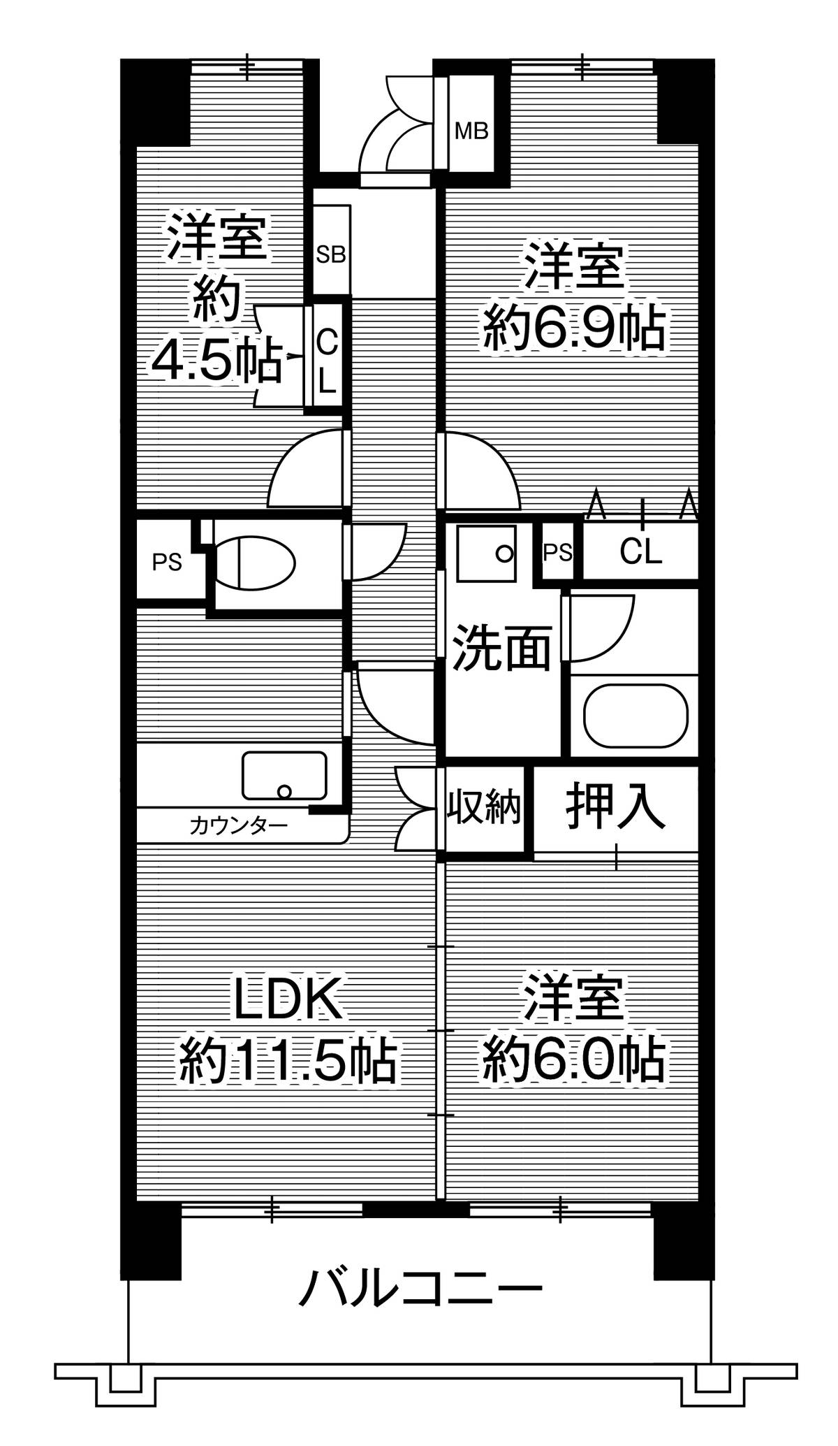 豊田市ビレッジハウス京ヶ峰タワーの間取り図3DK