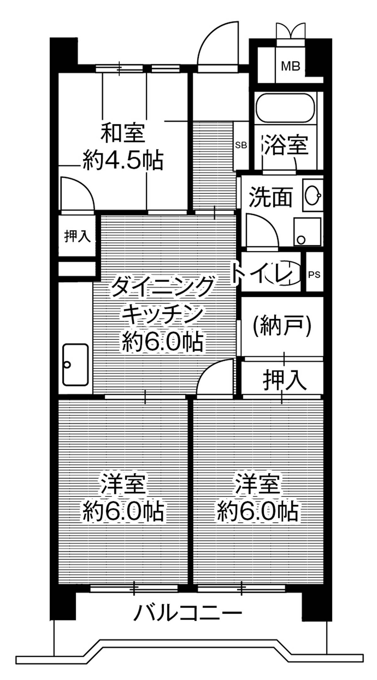 3DK floorplan of Village House Minatojima Tower in Chuo-ku