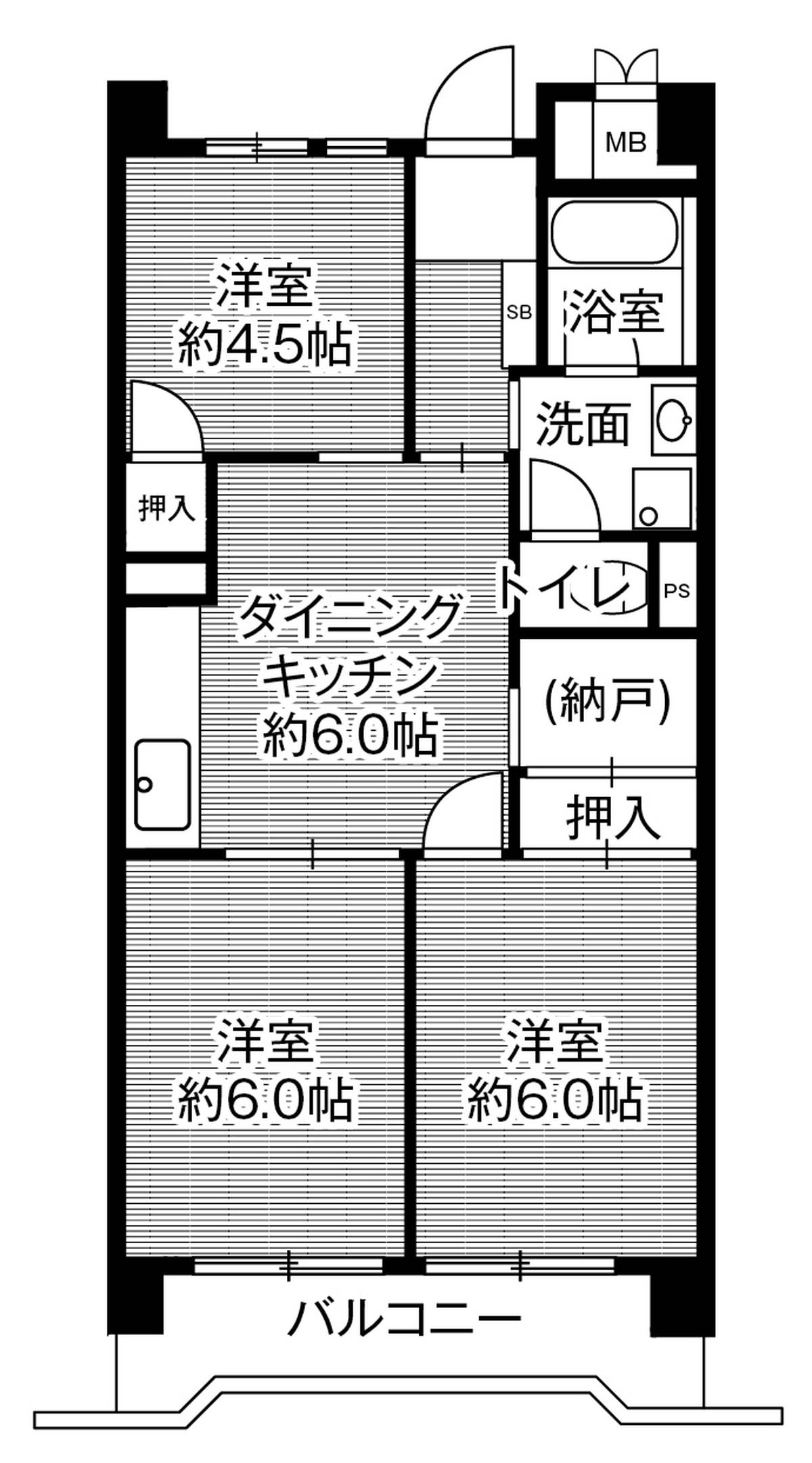 3DK floorplan of Village House Minatojima Tower in Chuo-ku