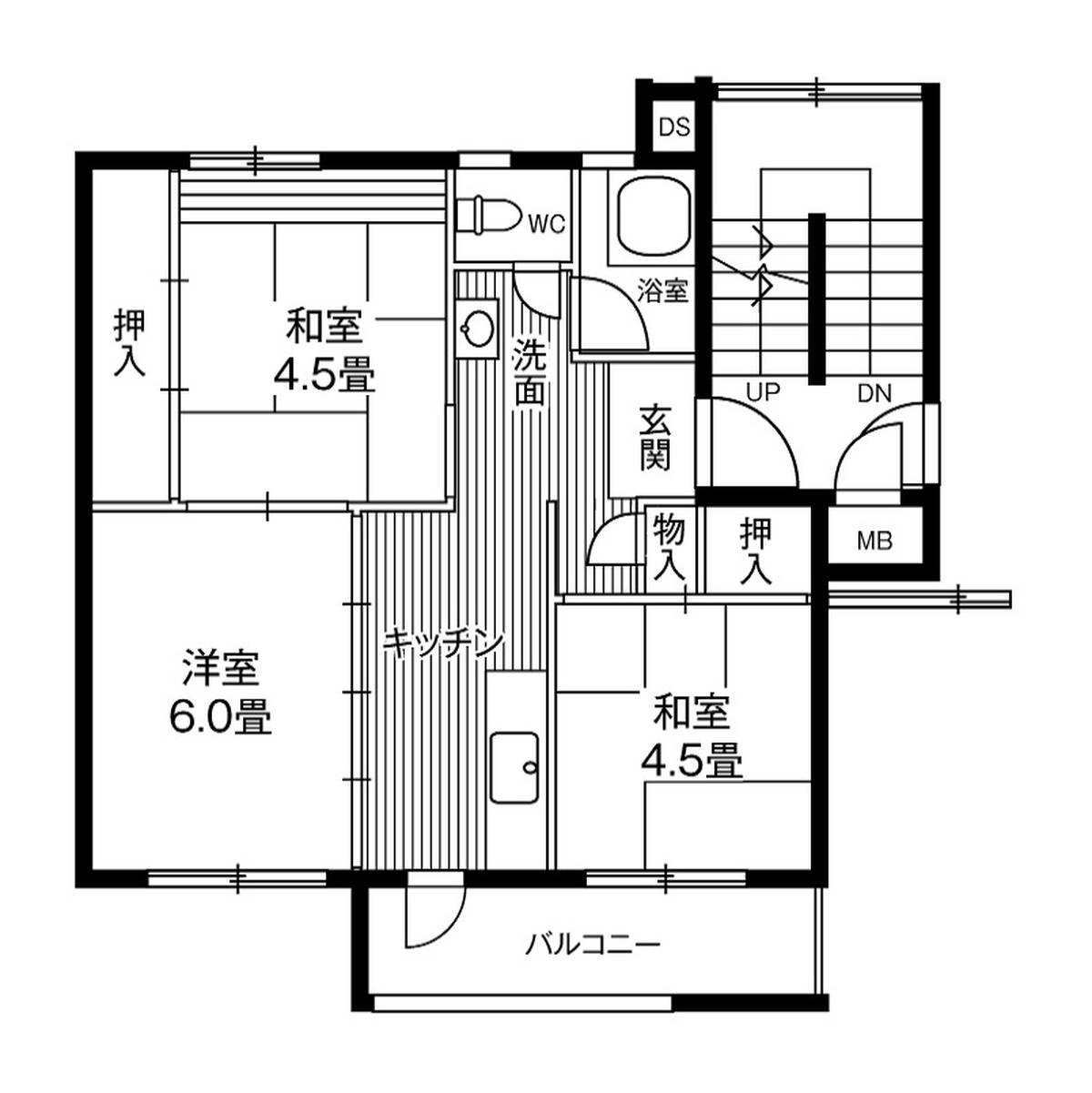 宮城野区ビレッジハウス仙台鶴ケ谷二丁目の間取り図3K
