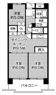 東広島市ビレッジハウス高美が丘タワーの間取り図3DK