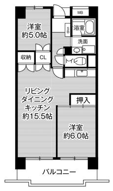 東広島市ビレッジハウス高美が丘タワーの間取り図2LDK
