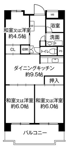 Sơ đồ phòng 3DK của Village House Takamigaoka Tower ở Higashihiroshima-shi