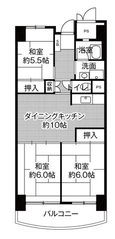 3DK denah lantai Village House Kashiihama Tower di Higashi-ku